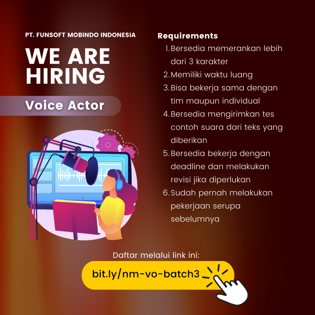 Lowongan Kerja - Audiodrama Team (Dubber, Proof Listener, &amp; Sound Engineer)