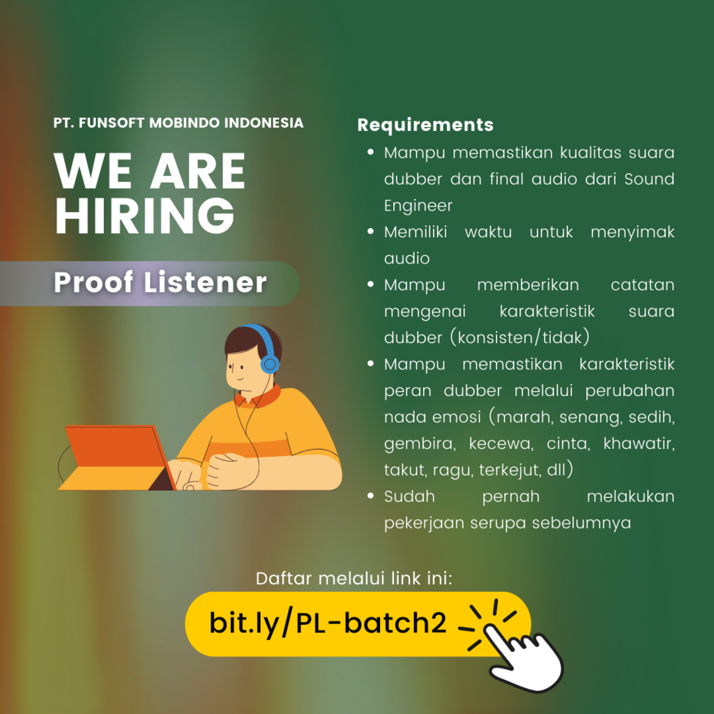 Lowongan Kerja - Audiodrama Team (Dubber, Proof Listener, &amp; Sound Engineer)