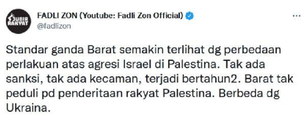 Sikapi Agresi Israel ke Palestina&amp;Rusia ke Ukraina,Fadli Zon:Barat Pakai StandarGanda