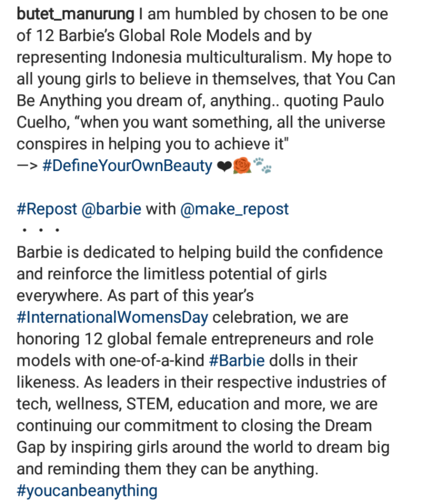 Butet Manurung salah satu figur Barbie® Merayakan Hari Perempuan Internasional 2022
