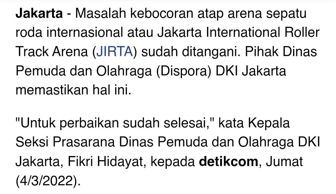 Sudah Sebulan, Atap Arena Sepatu Roda Internasional Jakarta Masih Bocor