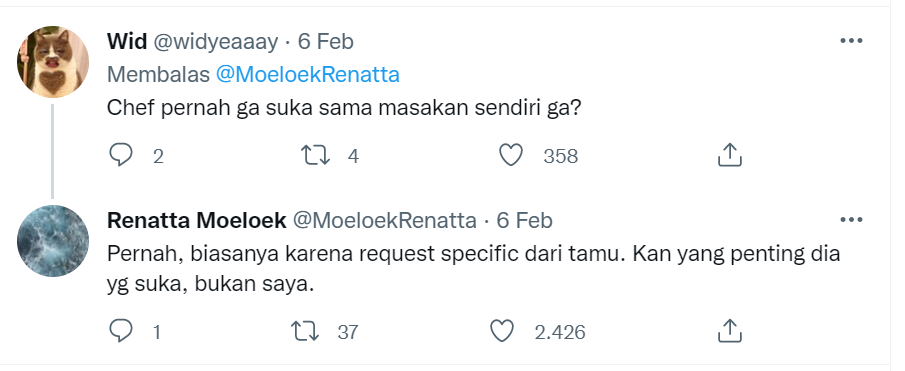 Bukan Bidadari, Chef Renatta Buktikan Dirinya Manusia Biasa Melalui Q&amp;A di Twitter