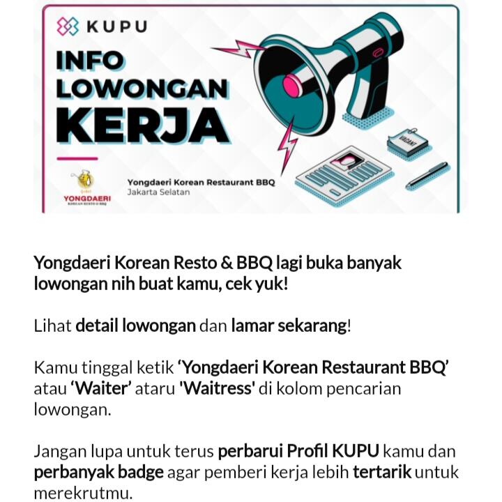 (Jakarta Selatan) Loker Waiter dan Waitress Yongdaeri Korean Restaurant