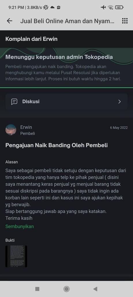 Admin Pusat Resolusi Tokopedia Tidak Profesional ! : Pembeli BerItikad Tidak Baik 