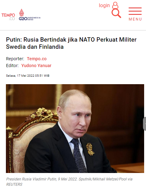 Putin: Rusia Bertindak jika NATO Perkuat Militer Swedia dan Finlandia