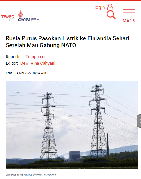 Rusia Putus Pasokan Listrik ke Finlandia Sehari Setelah Mau Gabung NATO