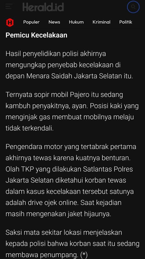 Terserang Stroke, Sopir Mobil Pajero dlm Kecelakaan Maut di MT Haryono Masih Dirawat