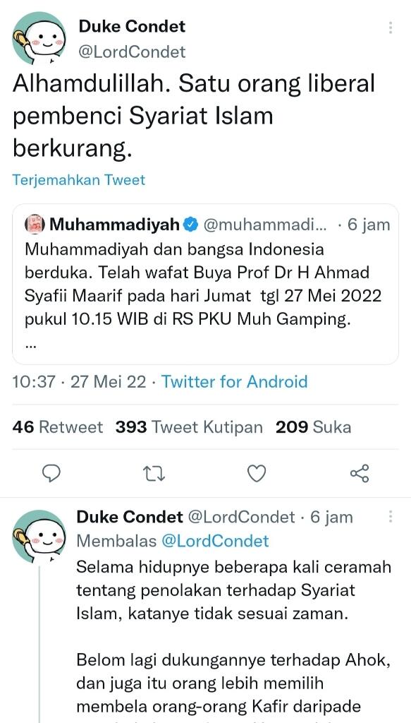 Netizen Ini Ramai Diserang Usai Sebut Buya Syafii Pembenci Syariat Islam