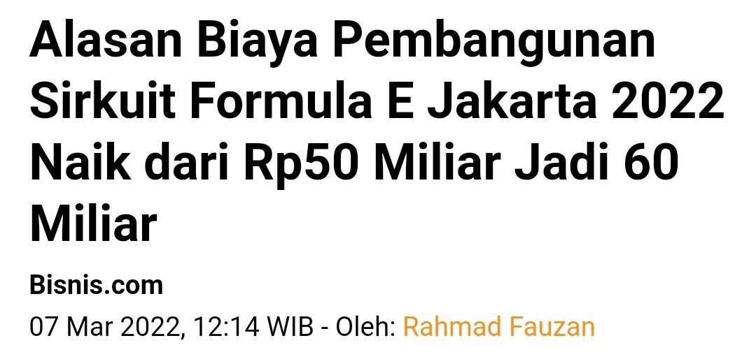 Pembangunan Sirkuit Formula E Jakarta Habiskan Rp 190 Miliar