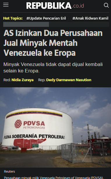 AS Izinkan Dua Perusahaan Jual Minyak Mentah Venezuela ke Eropa