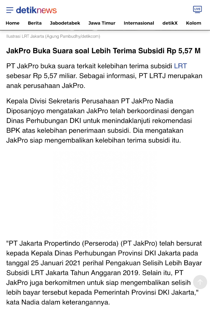 Pemprov DKI Kelebihan Bayar Subsidi LRT Jakarta, Negara Tekor Rp5,57 M