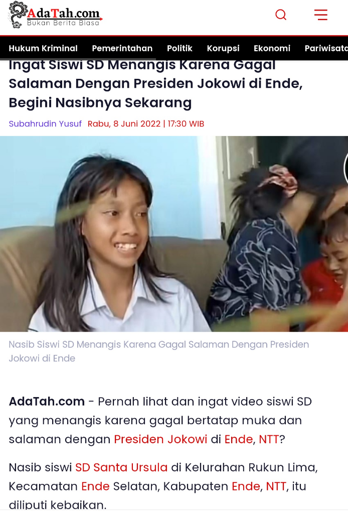 Siswi SD di Ende yang Menangis Tidak Bertemu Presiden Jokowi Mendapat Kiriman Sepeda