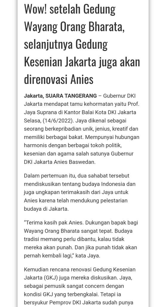 Gubernur DKI Jakarta Anies Minta Agar Tetap Lestarikan Wayang Orang Bharata