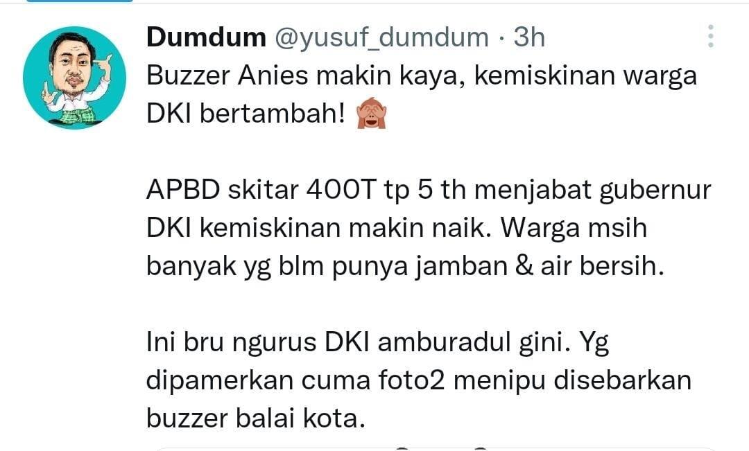 Yusuf Dumdum Singgung Anies Soal Data BPS Naiknya Angka Kemiskinan di Jakarta