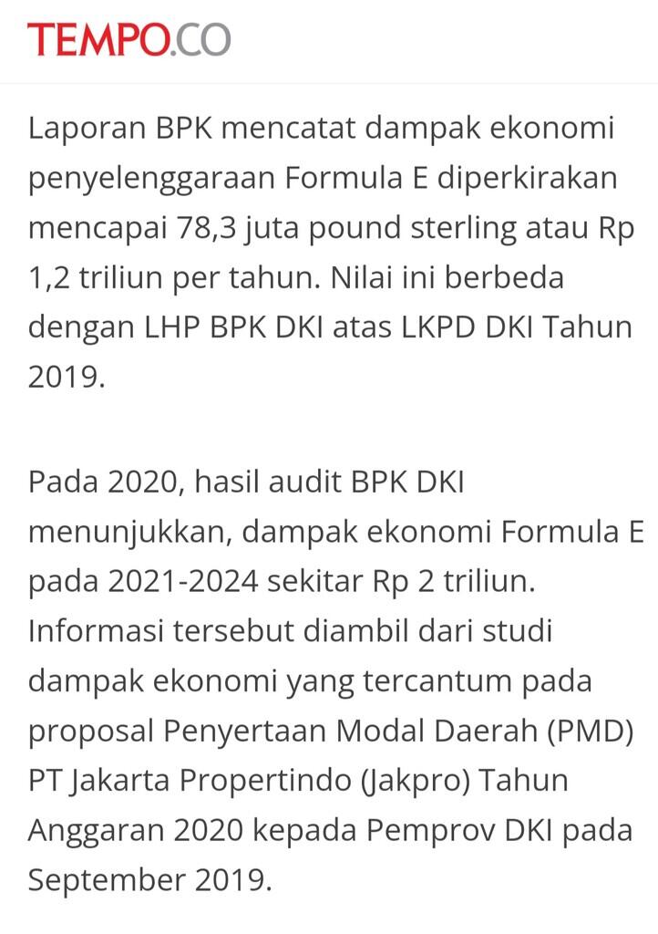 Survei Indef: Kontribusi Formula E Bagi Ekonomi Jakarta Rp 2,63 Triliun