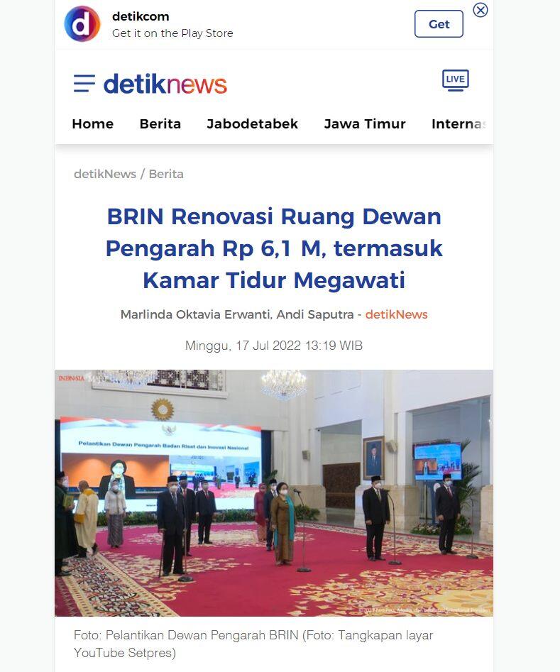 BRIN Renovasi Ruang Dewan Pengarah Rp.6,1M Termasuk Ruang Kamar Tidur MEGAWATI
