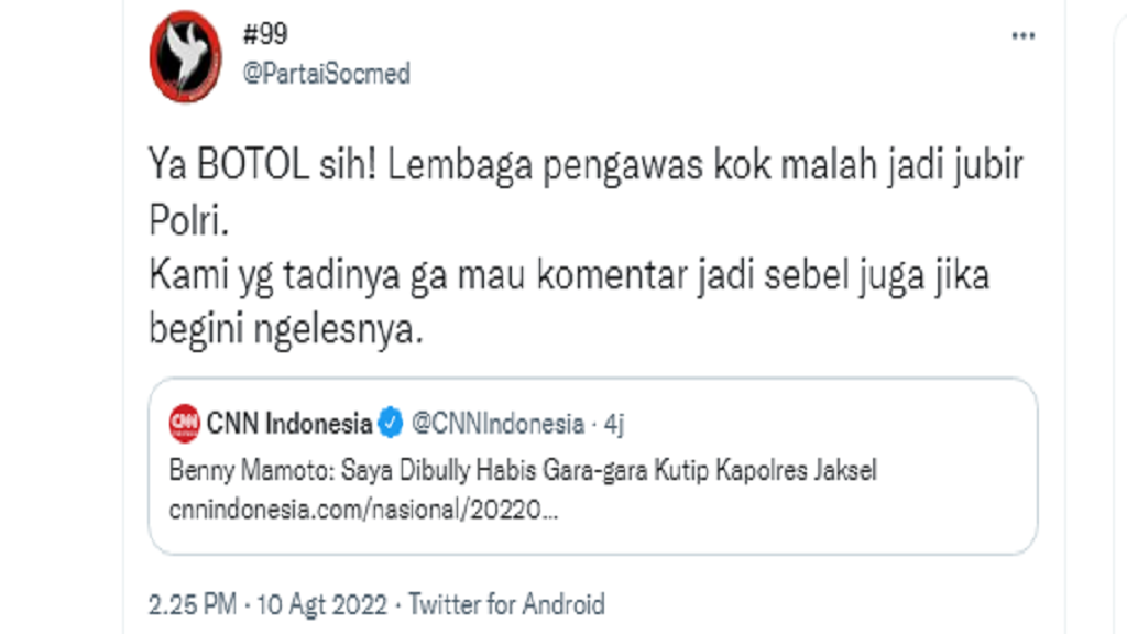 Benny Mamoto Mengaku Dibully, Akun PartaiSocmed Sebut Lembaga Pengawas Kok