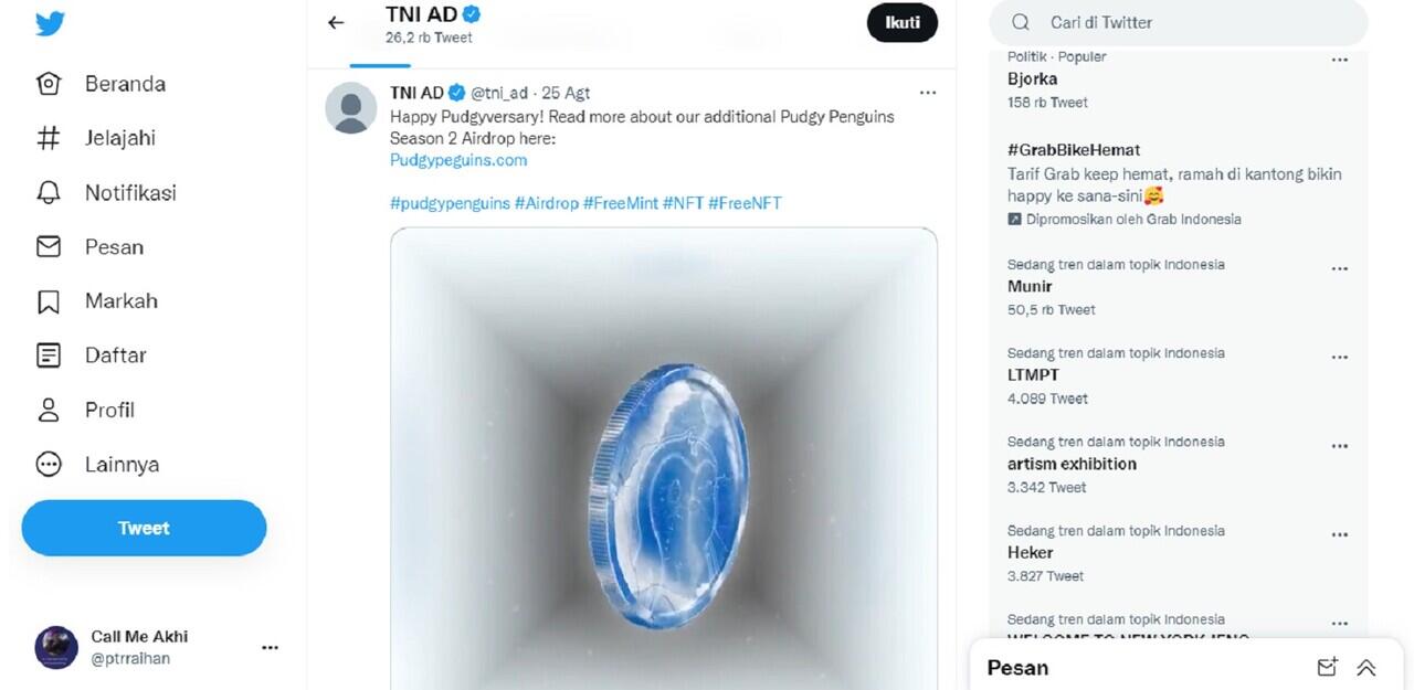 Twitter Resmi TNI AD Dibajak Isinya Dipenuhi NFT Penguin