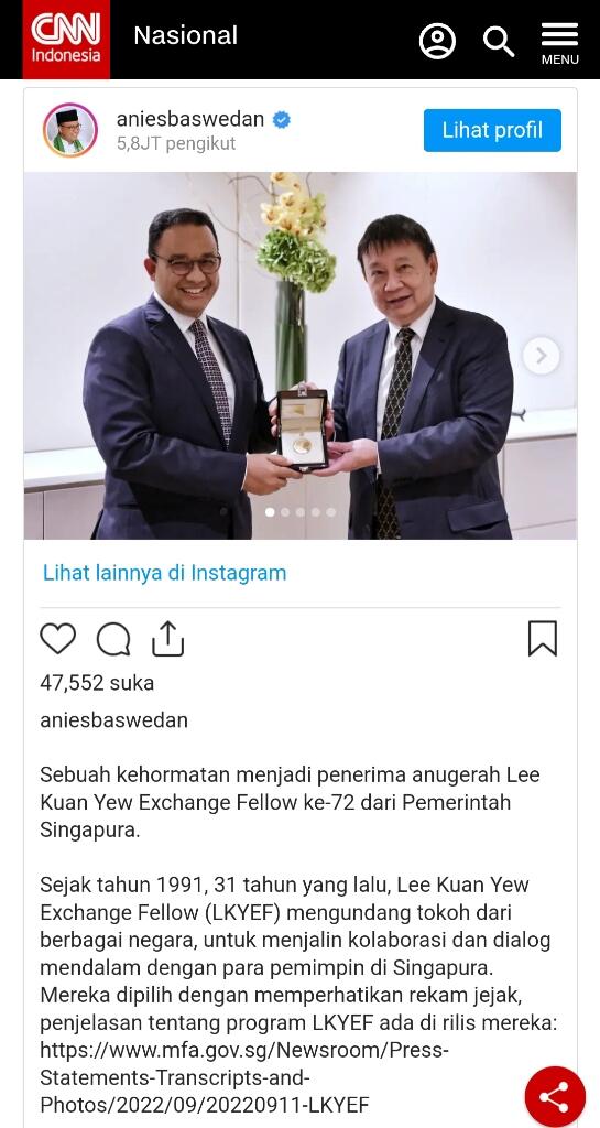 Anies Terima Penghargaan dari Pemerintah Singapura