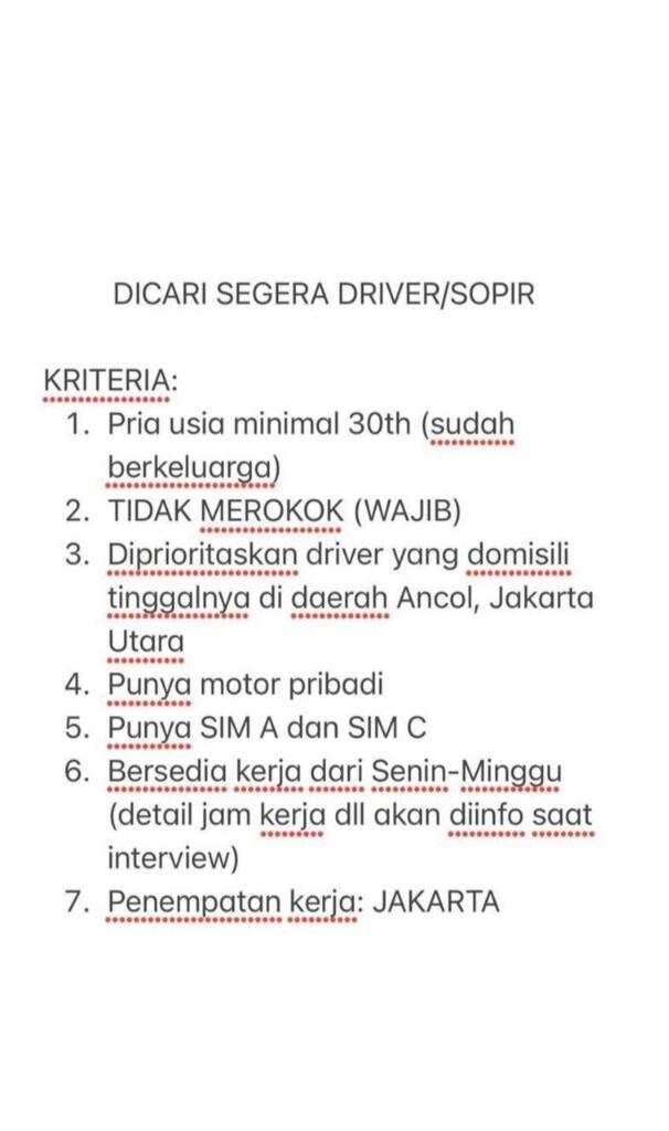 Dicari segera Driver Direksi