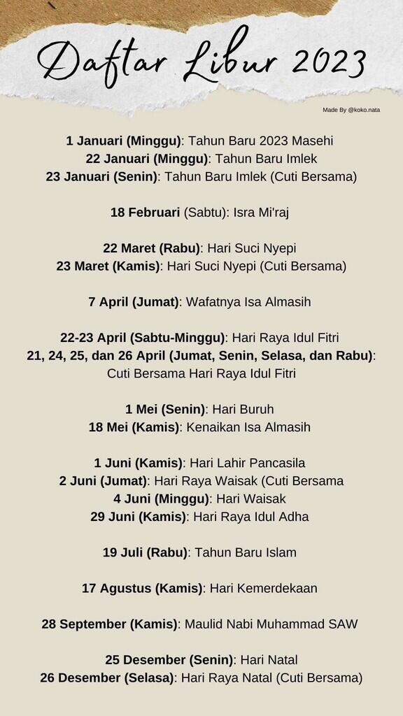 Daftar Libur Tanggal Merah dan Cuti Bersama 2023, Enaknya Jalan atau Apa, Ya?