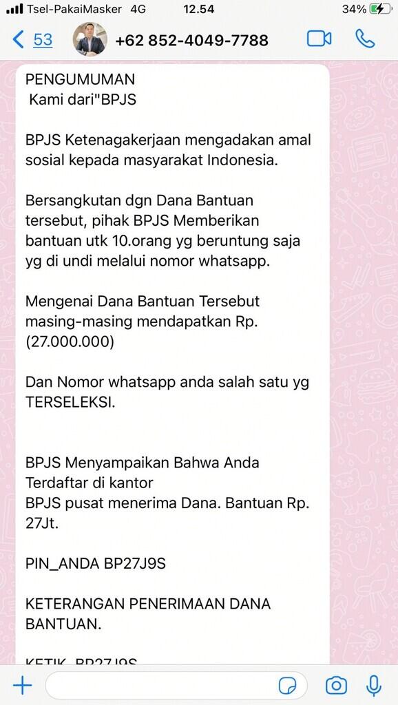 Waspada Hoax Bantuan Dana Mengatasnamakan BPJS Beredar Di Whatsapp