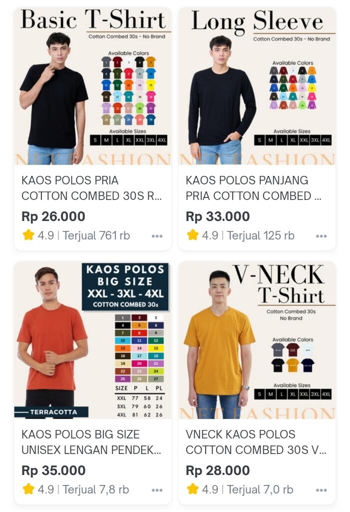 Rekomendasi 5 Toko Kaos Polos Terlaris di Tokopedia, Harga Mulai 20 Ribuan