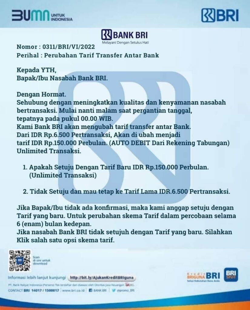 Hati-hati. Hoax Tarif Baru Transfer Bank BRI ke Bank Lain yang Rawan Phising! 