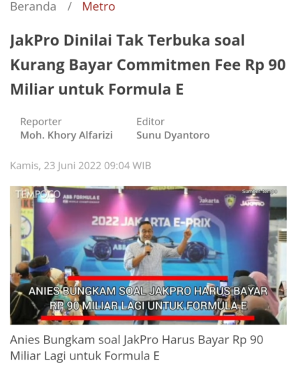 Masih Utang Rp 4,9 M ke Ancol untuk Formula E, Jakpro: Dananya Sudah Ada