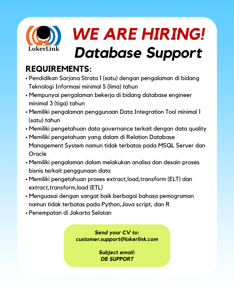&#91; JAKARTA SELATAN &#93; Lowongan Kerja &quot;DATABASE SUPPORT&quot;