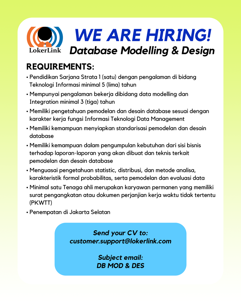 &#91; JAKARTA SELATAN &#93; Lowongan Kerja &quot;DATABASE MODELLING &amp; DESIGN&quot;
