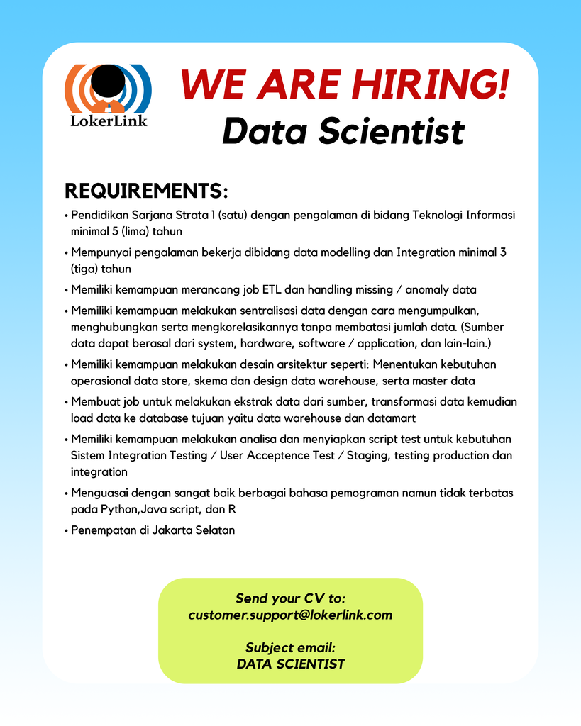 &#91; JAKARTA SELATAN &#93; Lowongan Kerja &quot;DATA SCIENTIST&quot;