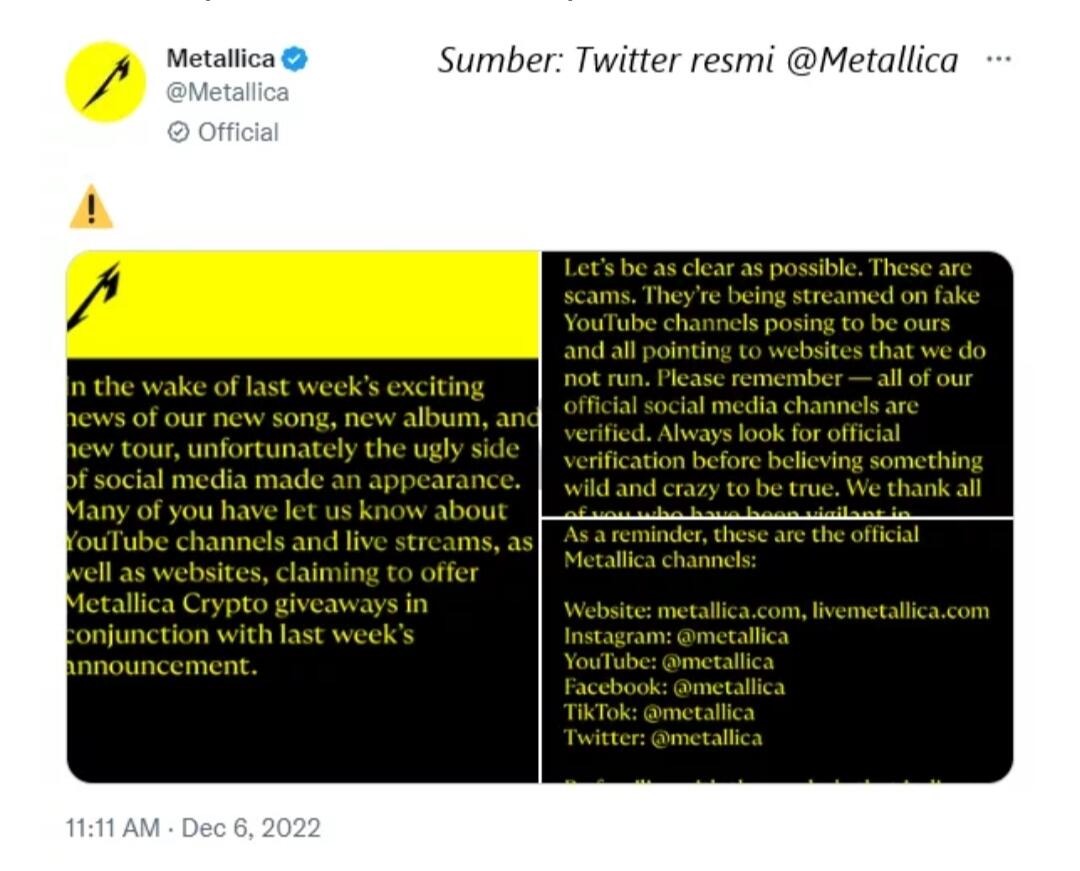 Band Legenda Metallica Ingatkan Waspada Penipuan Kripto Bodong