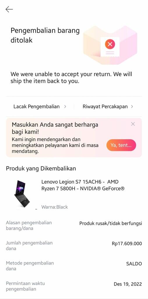 PENGAJUAN PENGEMBALIAN DANA DARI LAPTOP DEFECT DITOLAK SEPIHAK OLEH LAZADA INDONESIA