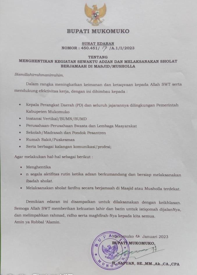 Surat Edaran Bupati Sapuan, Bisa Bikin Mukomuko Seperti Arab Saudi

