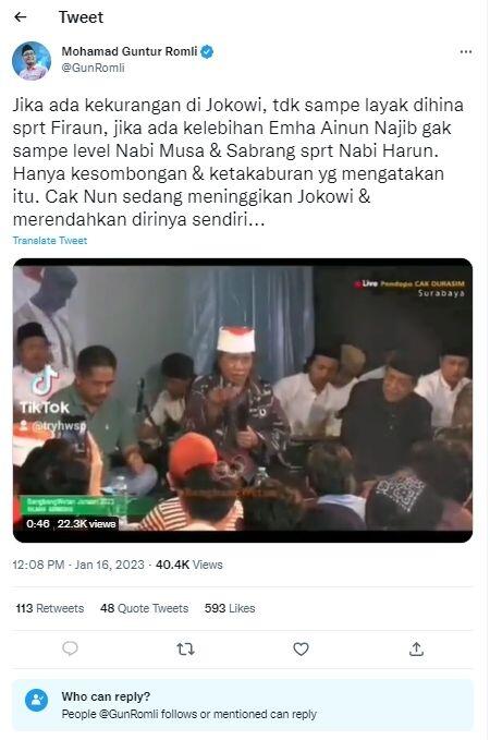 Ramai Video Diduga Cak Nun Sebut Jokowi Firaun, Teguran Guntur Romli Makjleb!