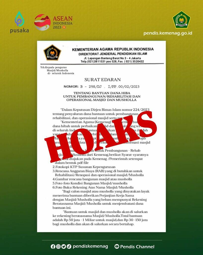 Surat Penawaran Bantuan dari Ditjen Pendidikan Islam Kemenag Dipastikan Hoax!