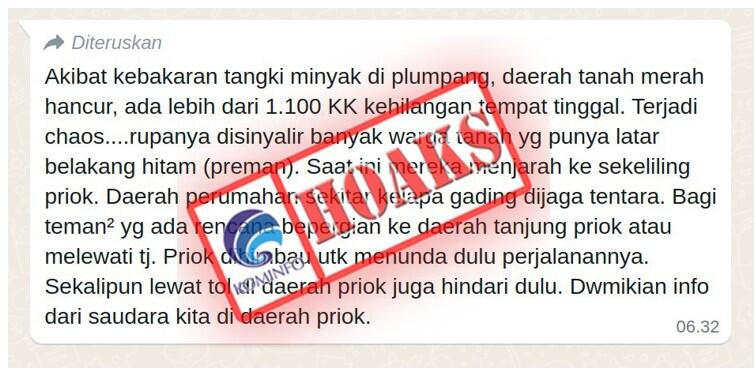 Pesan Berantai Sebut Ada Kerusuhan Pasca Kebakaran Plumpang, FIX HOAX!