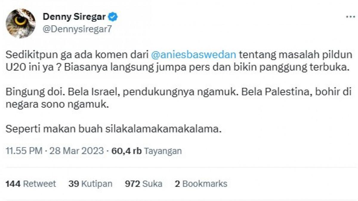 Denny Siregar Singgung Anies Baswedan Diam Tanggapi Isu Piala Dunia U20, Netizen Beri