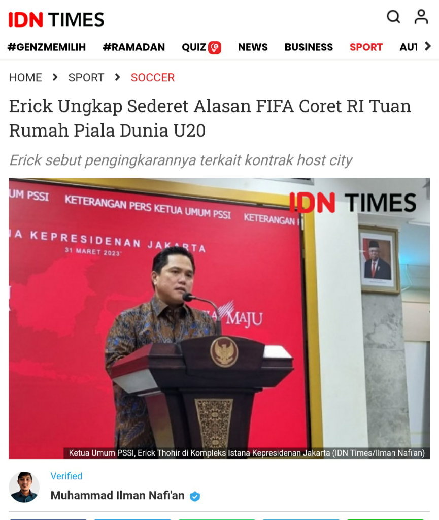 Erick Thohir Ungkap Penyebab Utama FIFA Batalkan Piala Dunia U-20 di Indonesia