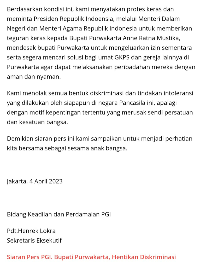 PGI: Bupati Purwakarta, Hentikan Diskriminasi!