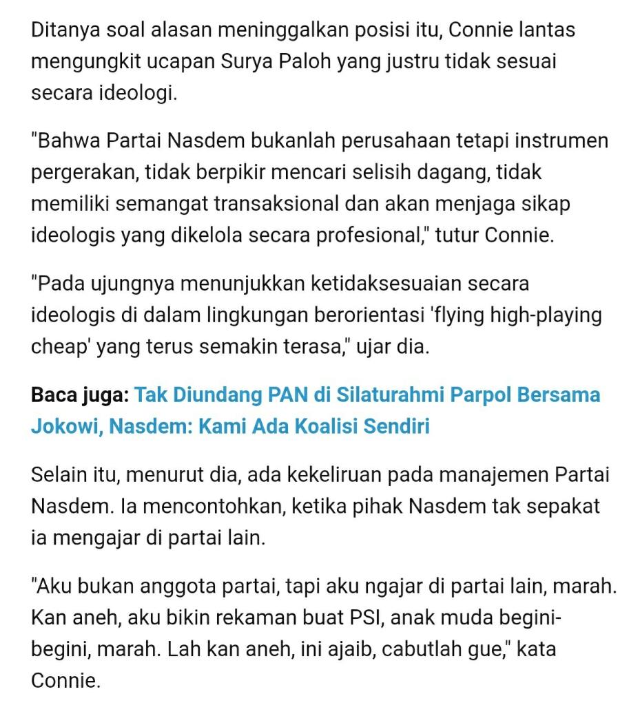 Dewan Pakar Partai NasDem Connie Rahakundini Mundur: Pusing Gue Lihat Partai Itu