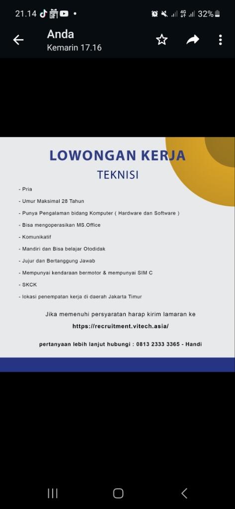 Teknikal Support (Jakarta Timur) Urgent