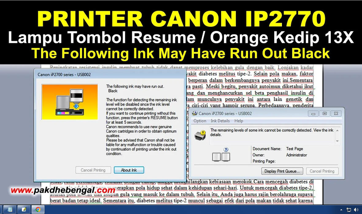 Printer Canon IP2770 The Following Ink May Have Run Out Black Kedip