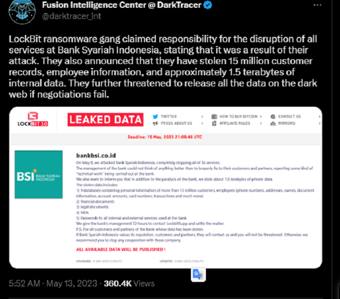 Geng Hacker LockBit Akui Serang Sistem BSI, Ancam Jual Jutaan Data Nasabah