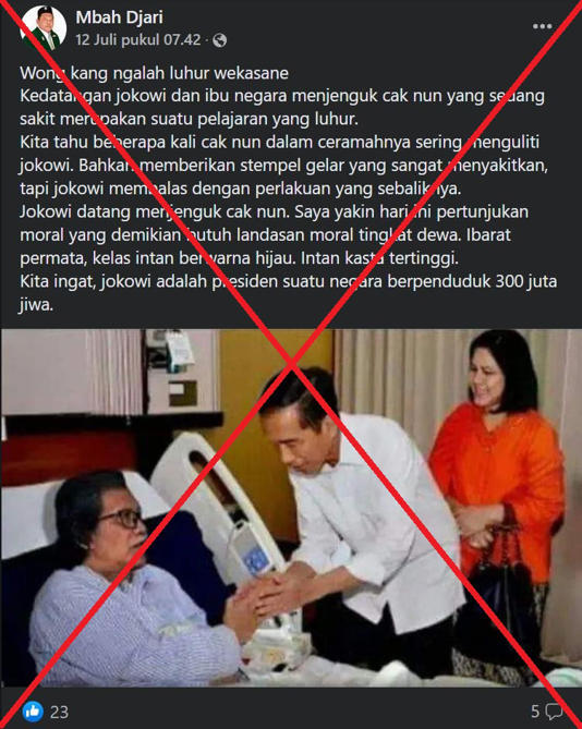 Foto Jokowi besuk Cak Nun di RS adalah hasil editan dan palsu