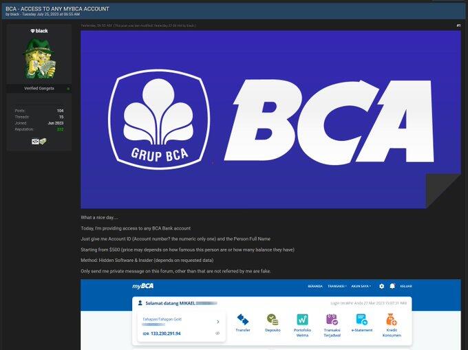 Data Pengguna BCA Diretas dan Dijual di Forum BreachForums