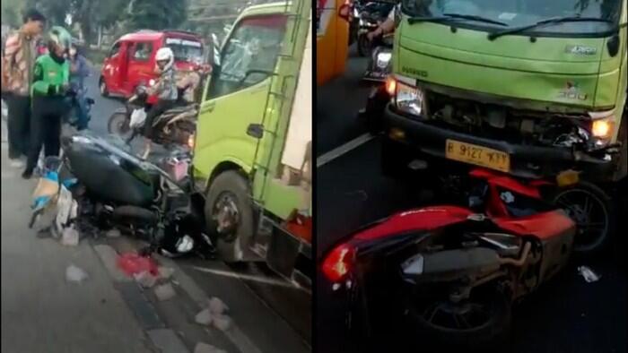 Tujuh Pemotor yang Diduga Lawan Arah Menabrak Truk Bermuatan Bata di Lenteng Agung