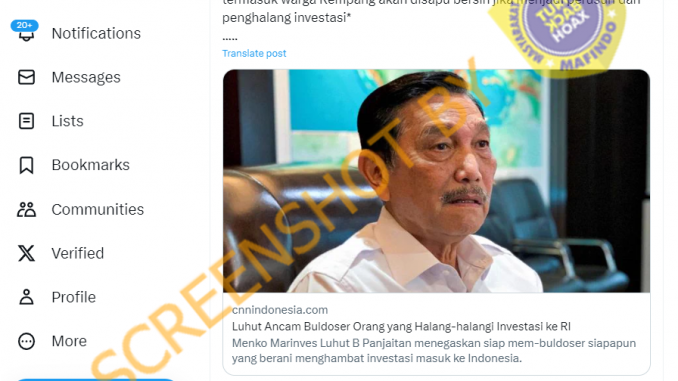 &#91;SALAH&#93; “Luhut Ancam Buldoser Orang yang Halang-halangi Investasi ke RI., termasuk 