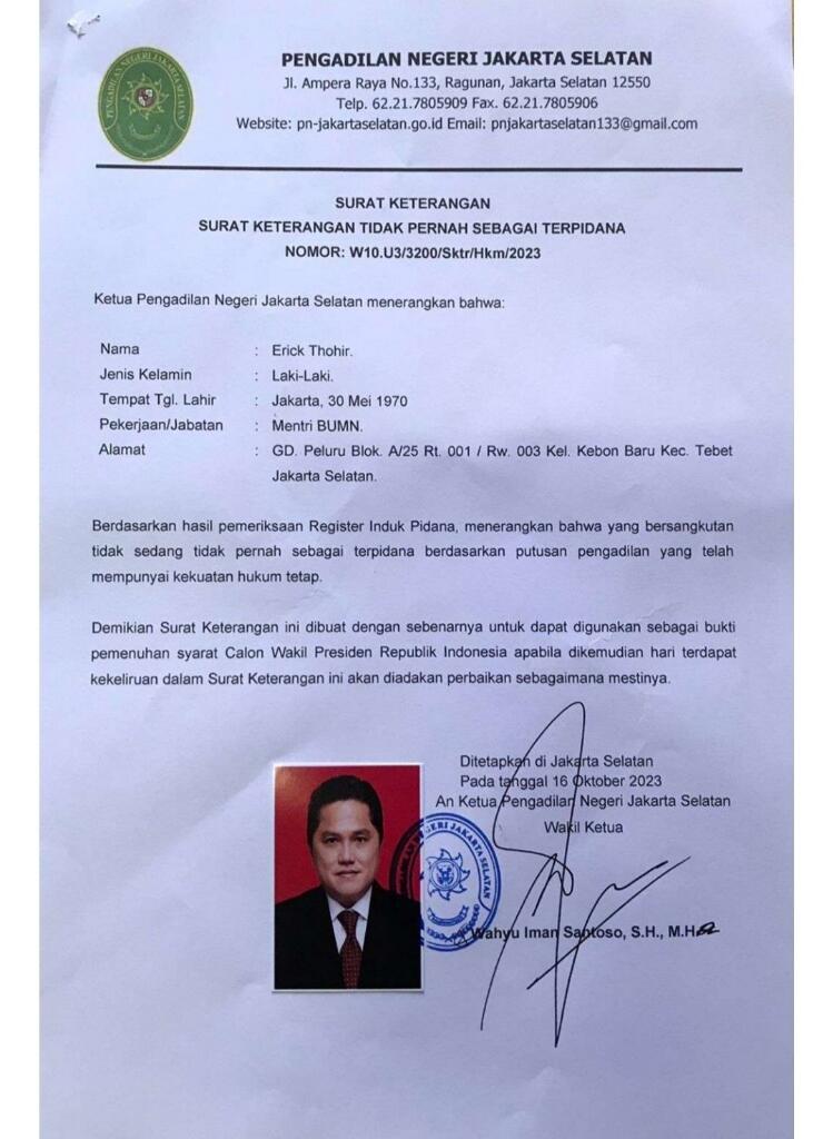 Menteri BUMN Erick Thohir Buat SKCK di Baintelkam Polri, Bakal Jadi Cawapres Prabowo?